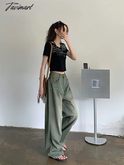Wide Leg Denim Trousers Vintage Green Jeans Women Summer Korean Fashion Vibe Style Y2k Streetwear High Waist Baggy Pants