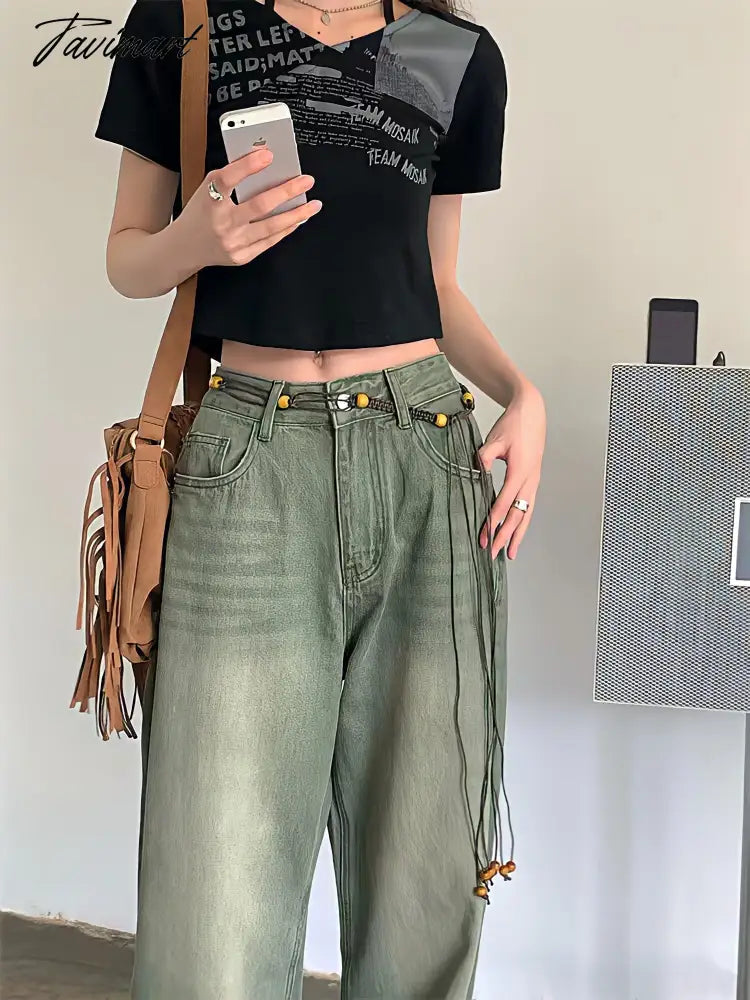 Wide Leg Denim Trousers Vintage Green Jeans Women Summer Korean Fashion Vibe Style Y2k Streetwear High Waist Baggy Pants
