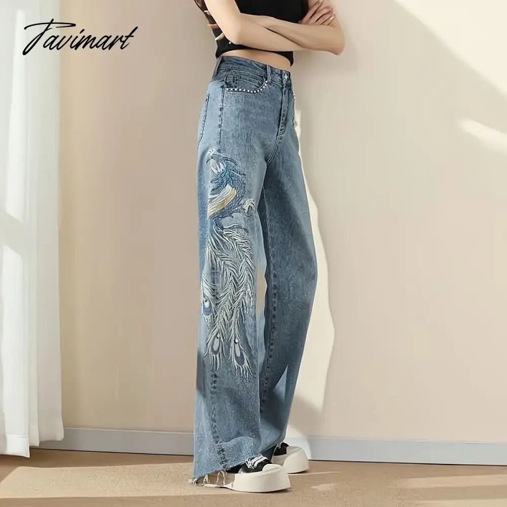 Wide-leg high waisted jeans for women summer new Phoenix embroidery straight tube loose trend showing thin trumpet draping