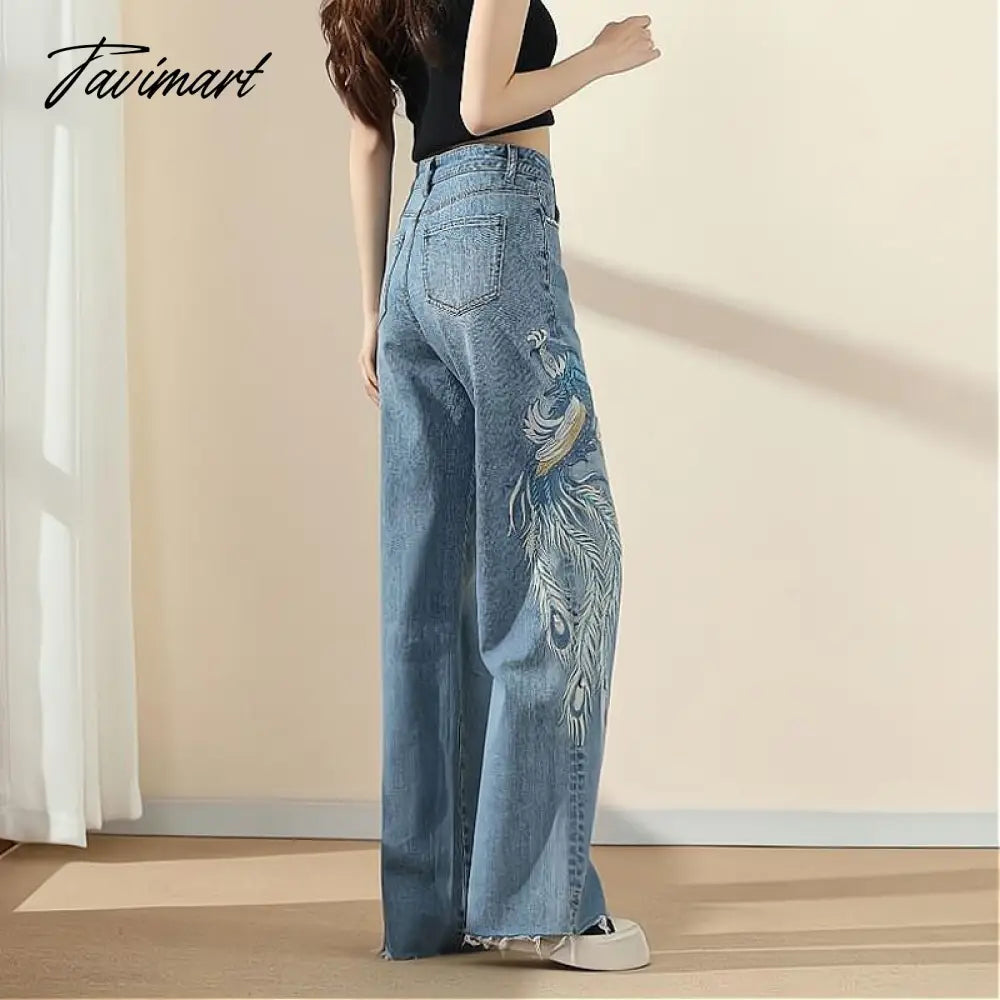 Wide-leg high waisted jeans for women summer new Phoenix embroidery straight tube loose trend showing thin trumpet draping