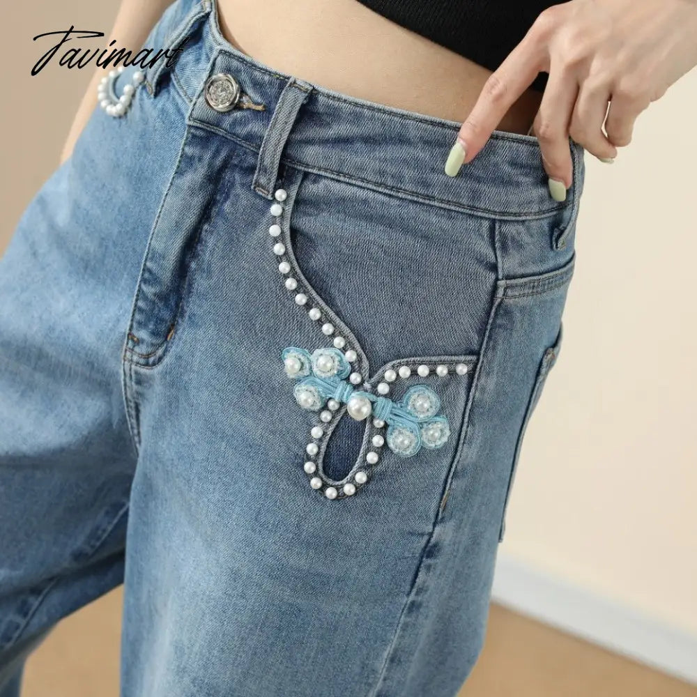 Wide-leg high waisted jeans for women summer new Phoenix embroidery straight tube loose trend showing thin trumpet draping