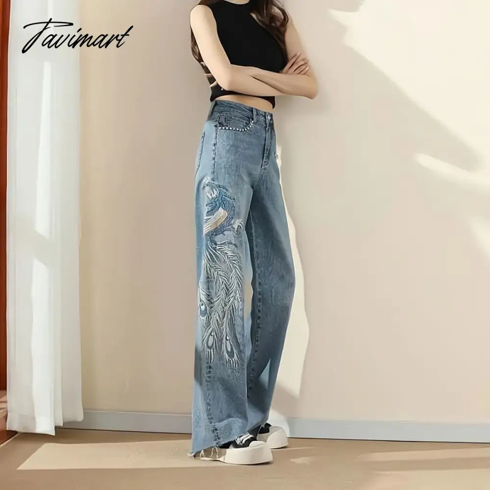 Wide-leg high waisted jeans for women summer new Phoenix embroidery straight tube loose trend showing thin trumpet draping