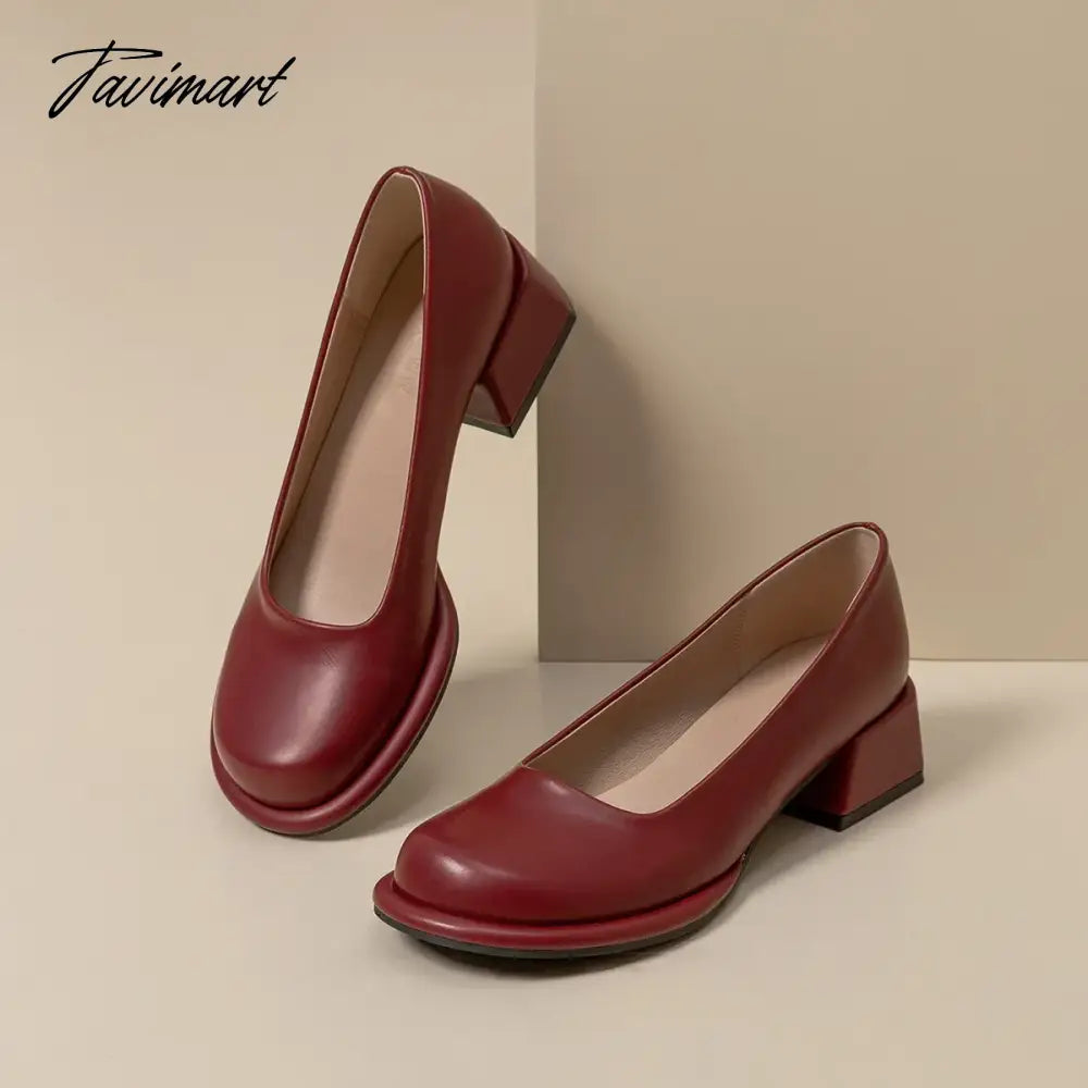 Wine-red shoes with thick heels in spring of 2024, new female high-grade round head retro fairy wind Mary Jane wedding shoes.
