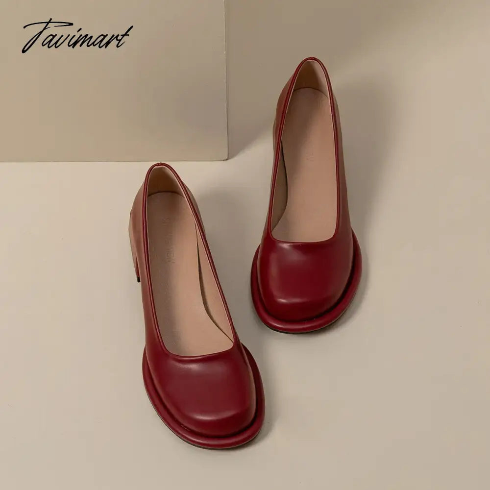 Wine-red shoes with thick heels in spring of 2024, new female high-grade round head retro fairy wind Mary Jane wedding shoes.