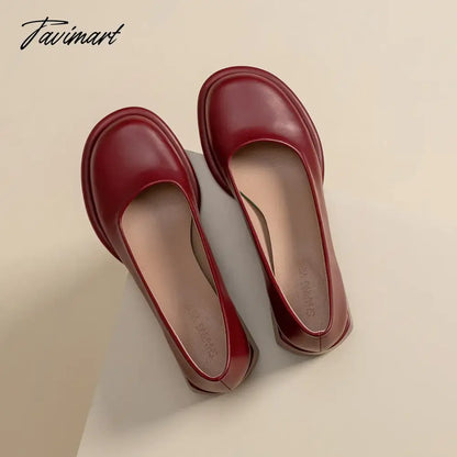 Wine-red shoes with thick heels in spring of 2024, new female high-grade round head retro fairy wind Mary Jane wedding shoes.