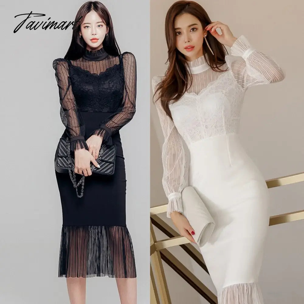 Winter New Mesh Stitching Lace Lantern Sleeve Fishtail Dress Elegant Office Chic Simple Korean Party Women Dresses