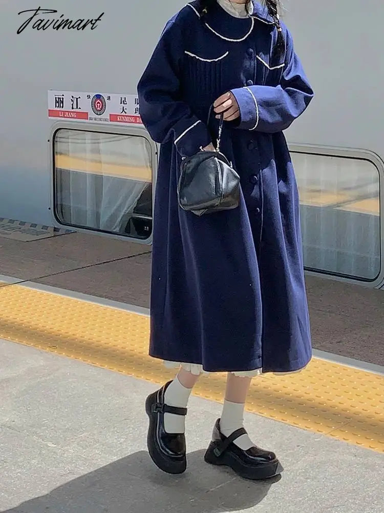 Winter Warm Blue Sweet Coat Women Japanese Lace Loose Cute Wool Jacket Female High-waisted Kawaii Casual Korean Overcoat