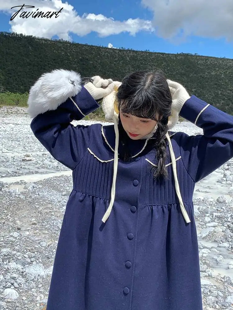 Winter Warm Blue Sweet Coat Women Japanese Lace Loose Cute Wool Jacket Female High-waisted Kawaii Casual Korean Overcoat