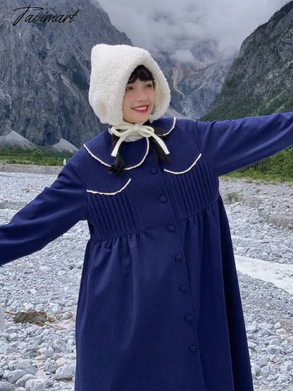 Winter Warm Blue Sweet Coat Women Japanese Lace Loose Cute Wool Jacket Female High-waisted Kawaii Casual Korean Overcoat
