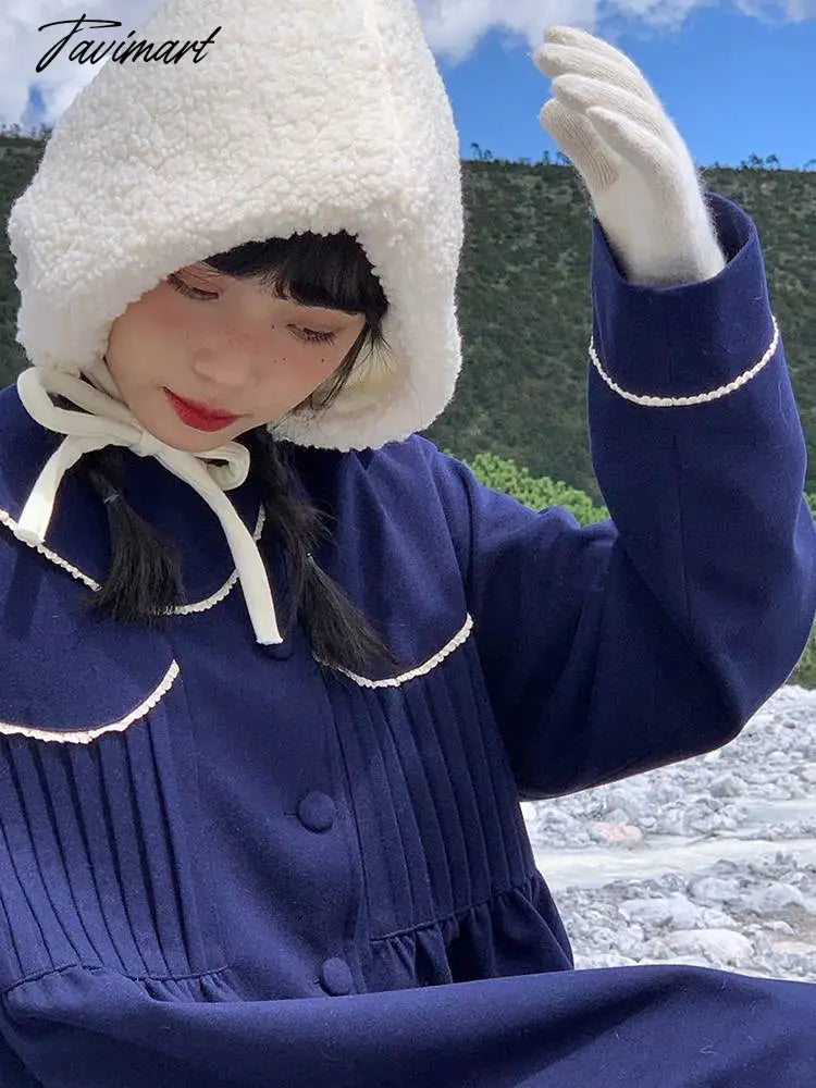 Winter Warm Blue Sweet Coat Women Japanese Lace Loose Cute Wool Jacket Female High-waisted Kawaii Casual Korean Overcoat