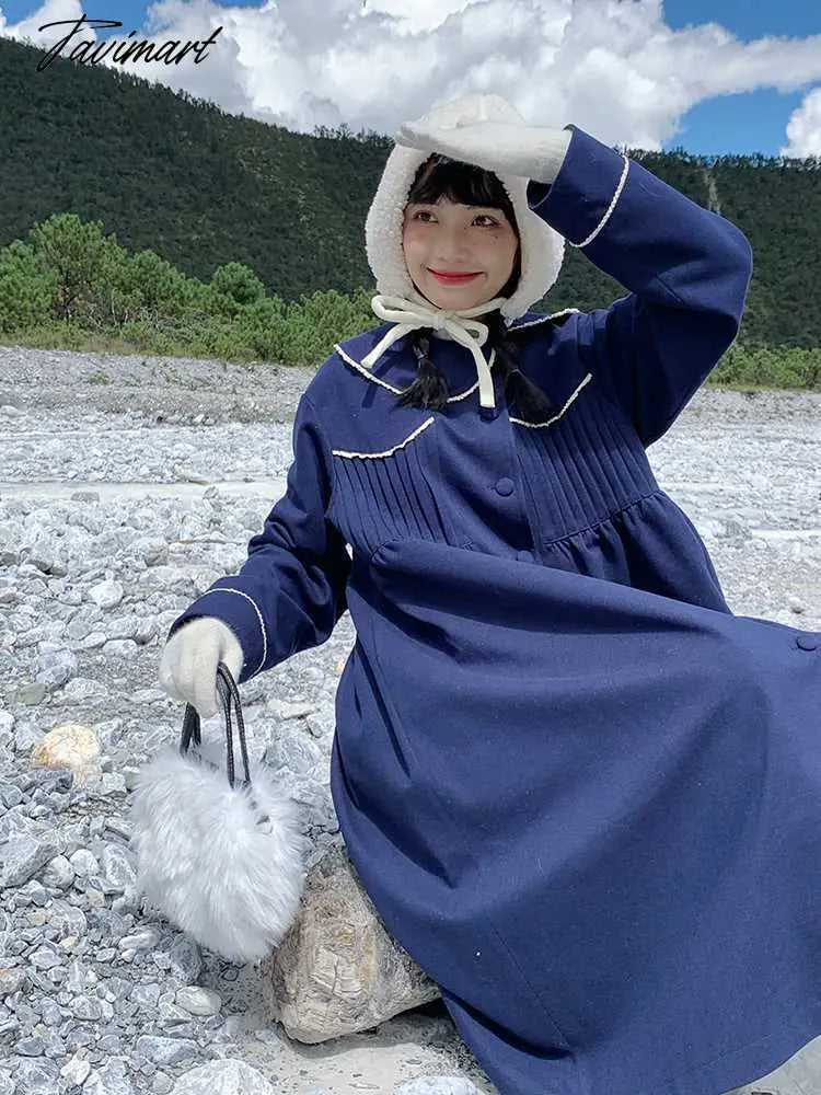 Winter Warm Blue Sweet Coat Women Japanese Lace Loose Cute Wool Jacket Female High-waisted Kawaii Casual Korean Overcoat