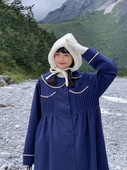 Winter Warm Blue Sweet Coat Women Japanese Lace Loose Cute Wool Jacket Female High-waisted Kawaii Casual Korean Overcoat