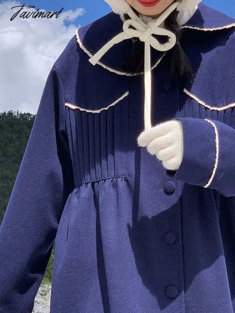 Winter Warm Blue Sweet Coat Women Japanese Lace Loose Cute Wool Jacket Female High-waisted Kawaii Casual Korean Overcoat
