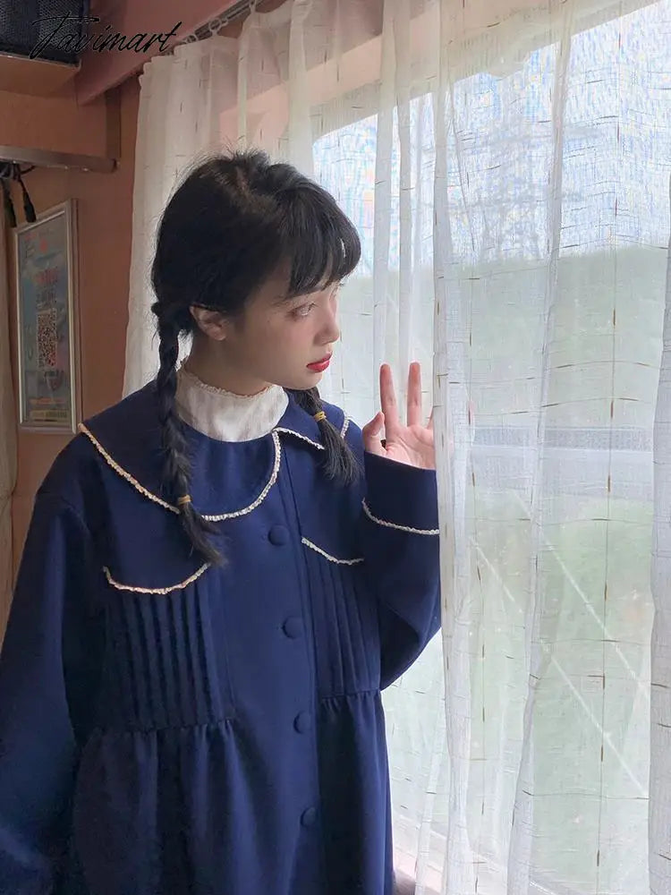 Winter Warm Blue Sweet Coat Women Japanese Lace Loose Cute Wool Jacket Female High-waisted Kawaii Casual Korean Overcoat