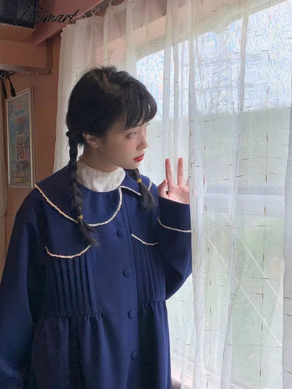 Winter Warm Blue Sweet Coat Women Japanese Lace Loose Cute Wool Jacket Female High-waisted Kawaii Casual Korean Overcoat