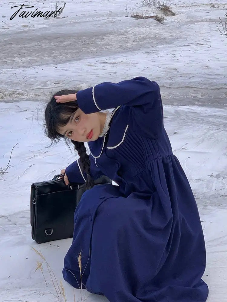 Winter Warm Blue Sweet Coat Women Japanese Lace Loose Cute Wool Jacket Female High-waisted Kawaii Casual Korean Overcoat