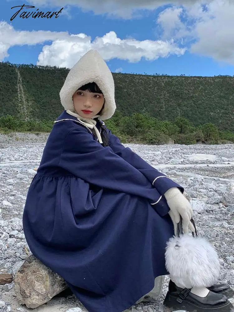 Winter Warm Blue Sweet Coat Women Japanese Lace Loose Cute Wool Jacket Female High-waisted Kawaii Casual Korean Overcoat
