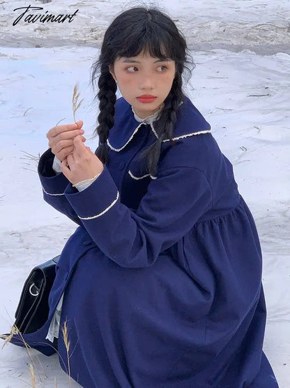 Winter Warm Blue Sweet Coat Women Japanese Lace Loose Cute Wool Jacket Female High-waisted Kawaii Casual Korean Overcoat