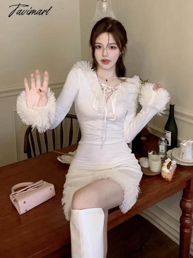 Winter White Korean Dress Women Bodycon Sweet Sexy Party Mini Dress Ladies Long Sleeve France Casual Christmas Clothing New