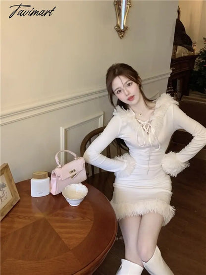 Winter White Korean Dress Women Bodycon Sweet Sexy Party Mini Dress Ladies Long Sleeve France Casual Christmas Clothing New