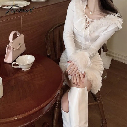 Winter White Korean Dress Women Bodycon Sweet Sexy Party Mini Dress Ladies Long Sleeve France Casual Christmas Clothing New