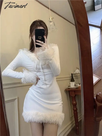 Winter White Korean Dress Women Bodycon Sweet Sexy Party Mini Dress Ladies Long Sleeve France Casual Christmas Clothing New
