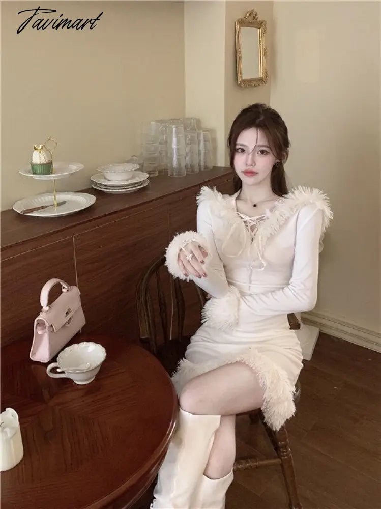 Winter White Korean Dress Women Bodycon Sweet Sexy Party Mini Dress Ladies Long Sleeve France Casual Christmas Clothing New