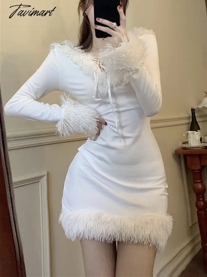 Winter White Korean Dress Women Bodycon Sweet Sexy Party Mini Dress Ladies Long Sleeve France Casual Christmas Clothing New