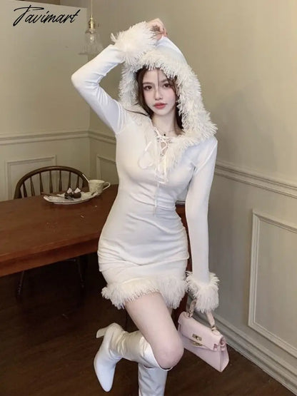 Winter White Korean Dress Women Bodycon Sweet Sexy Party Mini Dress Ladies Long Sleeve France Casual Christmas Clothing New