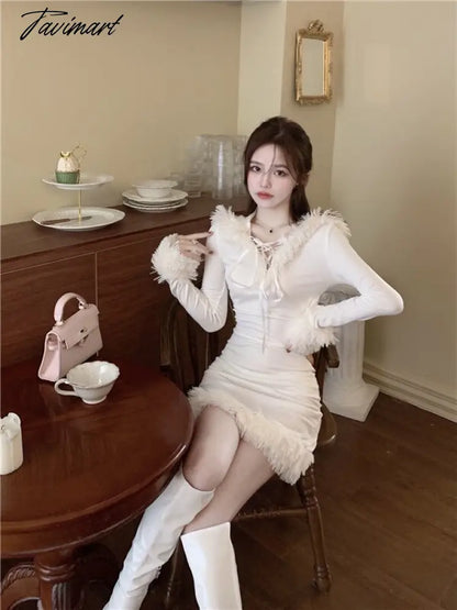 Winter White Korean Dress Women Bodycon Sweet Sexy Party Mini Dress Ladies Long Sleeve France Casual Christmas Clothing New