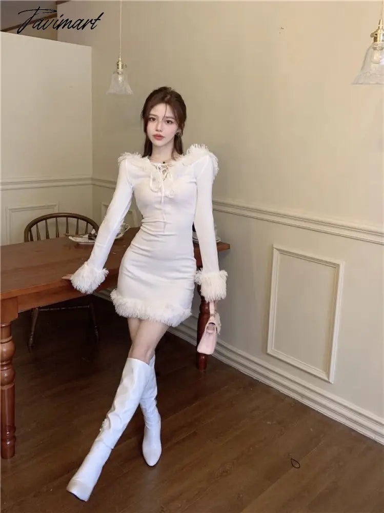 Winter White Korean Dress Women Bodycon Sweet Sexy Party Mini Dress Ladies Long Sleeve France Casual Christmas Clothing New