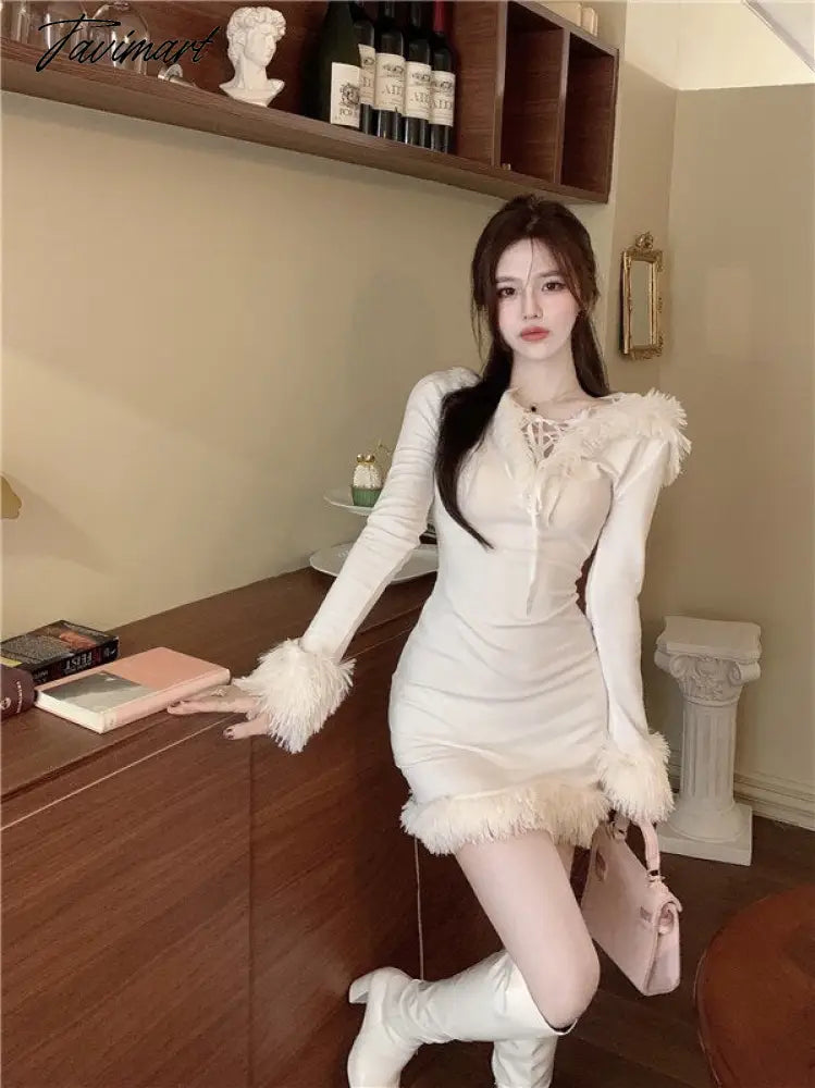 Winter White Korean Dress Women Bodycon Sweet Sexy Party Mini Dress Ladies Long Sleeve France Casual Christmas Clothing New