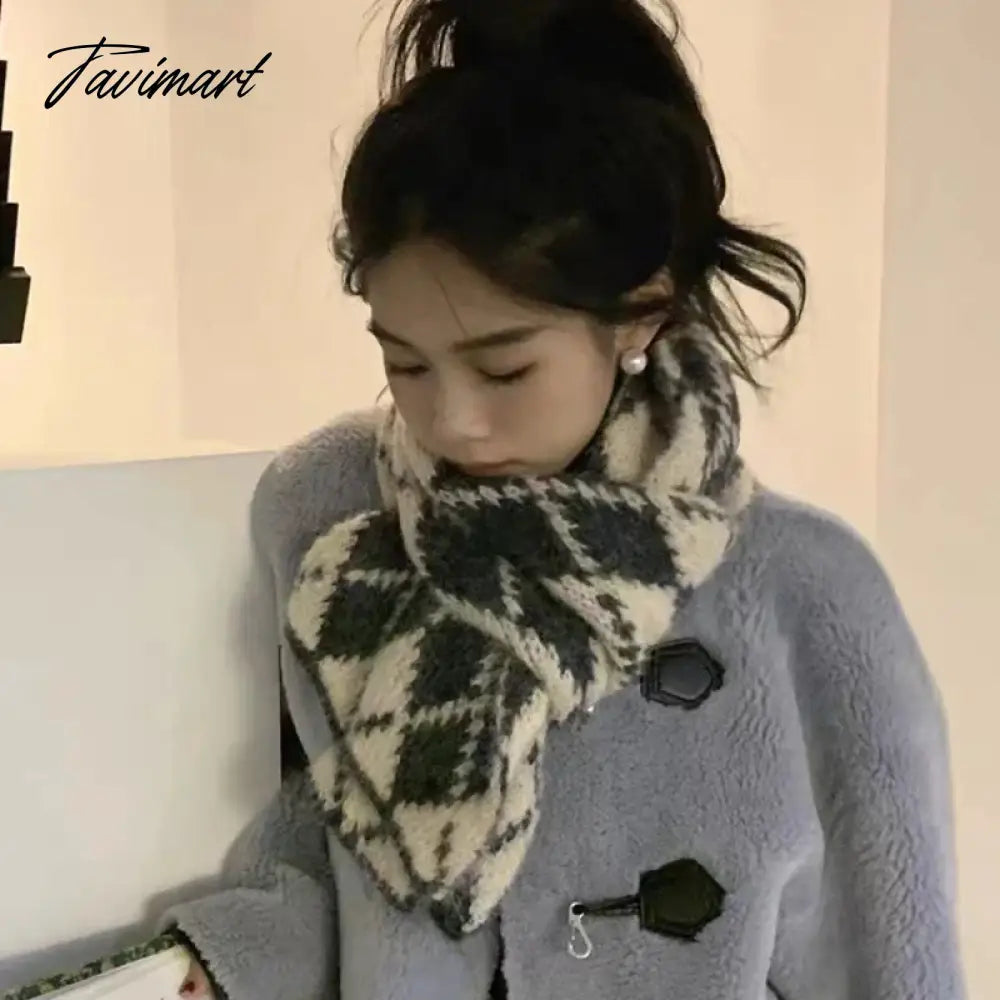 Winter Wool Blended Rhomboid Lattice Scarf Women Checkered Scarf Knitted Versatile Korean Edition Japanese 180*35cm Long Scarf