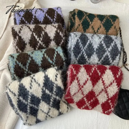 Winter Wool Blended Rhomboid Lattice Scarf Women Checkered Scarf Knitted Versatile Korean Edition Japanese 180*35cm Long Scarf