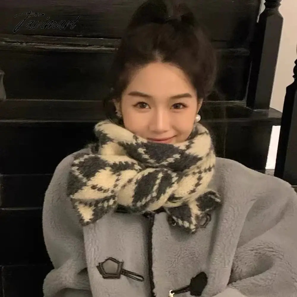 Winter Wool Blended Rhomboid Lattice Scarf Women Checkered Scarf Knitted Versatile Korean Edition Japanese 180*35cm Long Scarf