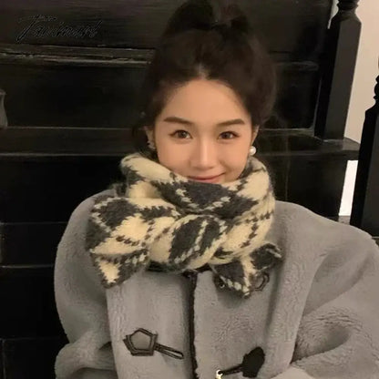 Winter Wool Blended Rhomboid Lattice Scarf Women Checkered Scarf Knitted Versatile Korean Edition Japanese 180*35cm Long Scarf