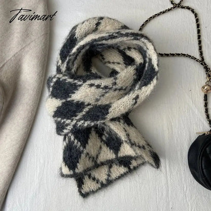 Winter Wool Blended Rhomboid Lattice Scarf Women Checkered Scarf Knitted Versatile Korean Edition Japanese 180*35cm Long Scarf