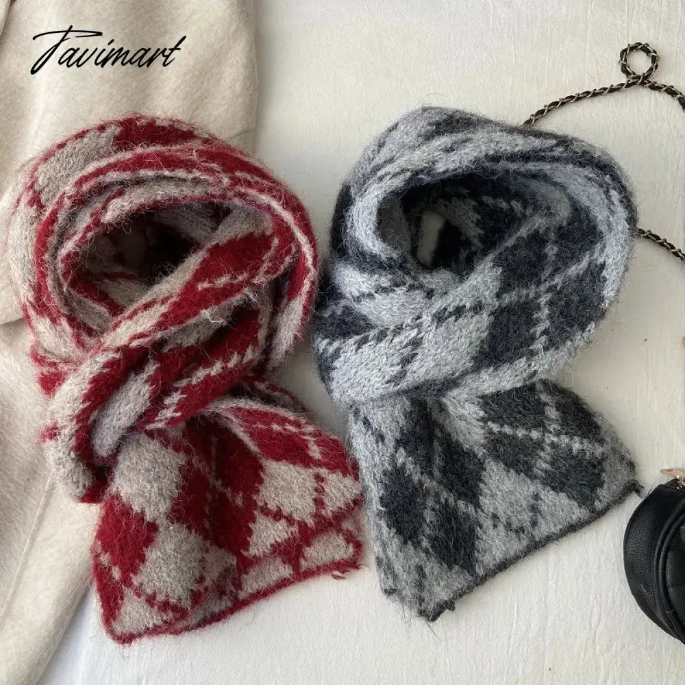 Winter Wool Blended Rhomboid Lattice Scarf Women Checkered Scarf Knitted Versatile Korean Edition Japanese 180*35cm Long Scarf