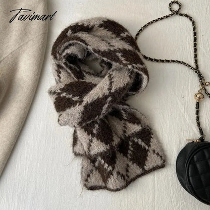 Winter Wool Blended Rhomboid Lattice Scarf Women Checkered Scarf Knitted Versatile Korean Edition Japanese 180*35cm Long Scarf