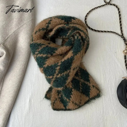 Winter Wool Blended Rhomboid Lattice Scarf Women Checkered Scarf Knitted Versatile Korean Edition Japanese 180*35cm Long Scarf