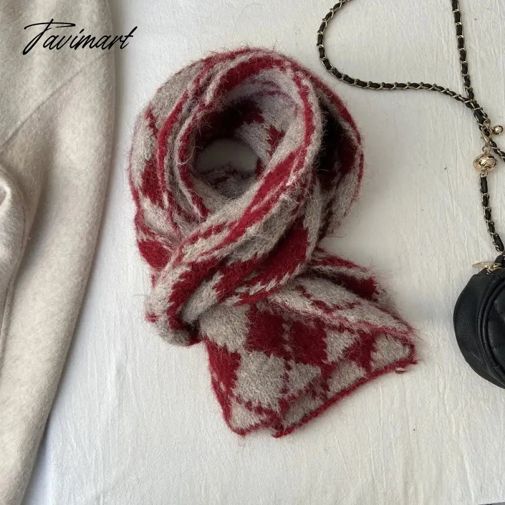 Winter Wool Blended Rhomboid Lattice Scarf Women Checkered Scarf Knitted Versatile Korean Edition Japanese 180*35cm Long Scarf