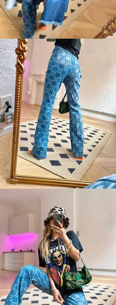 Woman Jaded High Waist Plaid London Blue Flower Checkerboard Print Jean Demin S M L