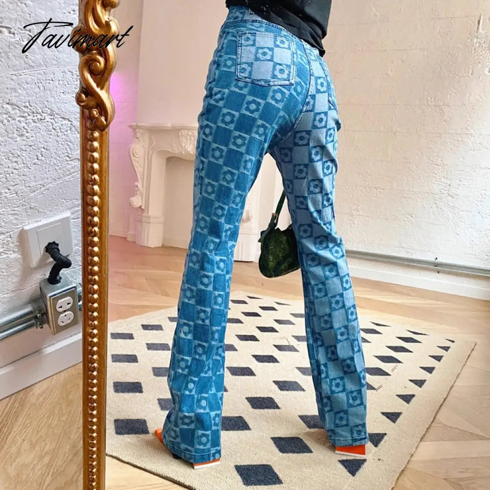 Woman Jaded High Waist Plaid London Blue Flower Checkerboard Print Jean Demin S M L