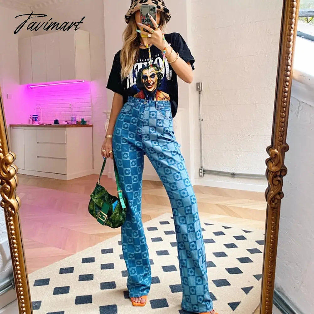 Woman Jaded High Waist Plaid London Blue Flower Checkerboard Print Jean Demin S M L