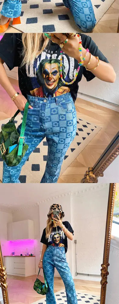 Woman Jaded High Waist Plaid London Blue Flower Checkerboard Print Jean Demin S M L