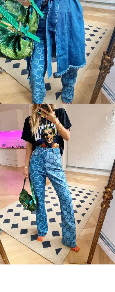 Woman Jaded High Waist Plaid London Blue Flower Checkerboard Print Jean Demin S M L