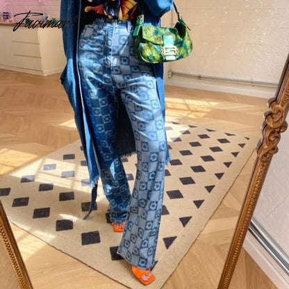 Woman Jaded High Waist Plaid London Blue Flower Checkerboard Print Jean Demin S M L