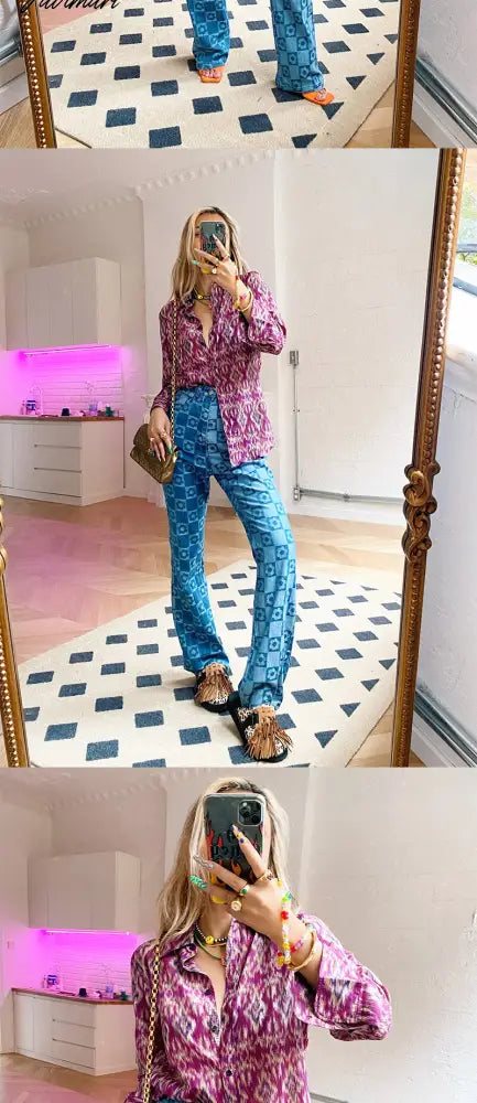 Woman Jaded High Waist Plaid London Blue Flower Checkerboard Print Jean Demin S M L