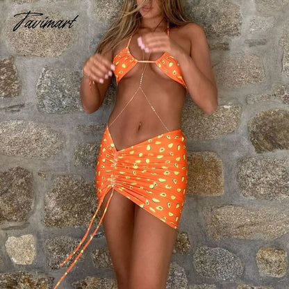 Women 3-Piece Bikinis Suit Sexy Halter Swimwear Beachwear Wave Holiday Beach Skirt Bikini Set Swimming Suit for Female