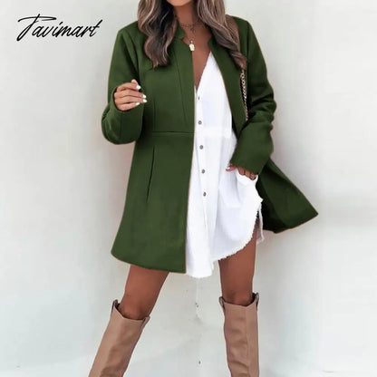 Women Autumn Fashion Solid Color Wool Jackets Retro Long Sleeve Stand Collar Cardigan Jacket Casual Commuter Office Ladies Coats